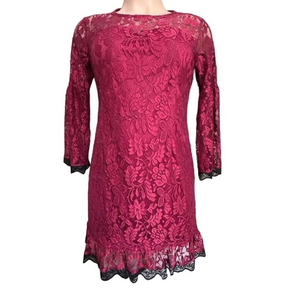 AlOfa Burgundy Lace Shift Dress Black Accents Bell‎ Sleeves Size XL Wedding NEW